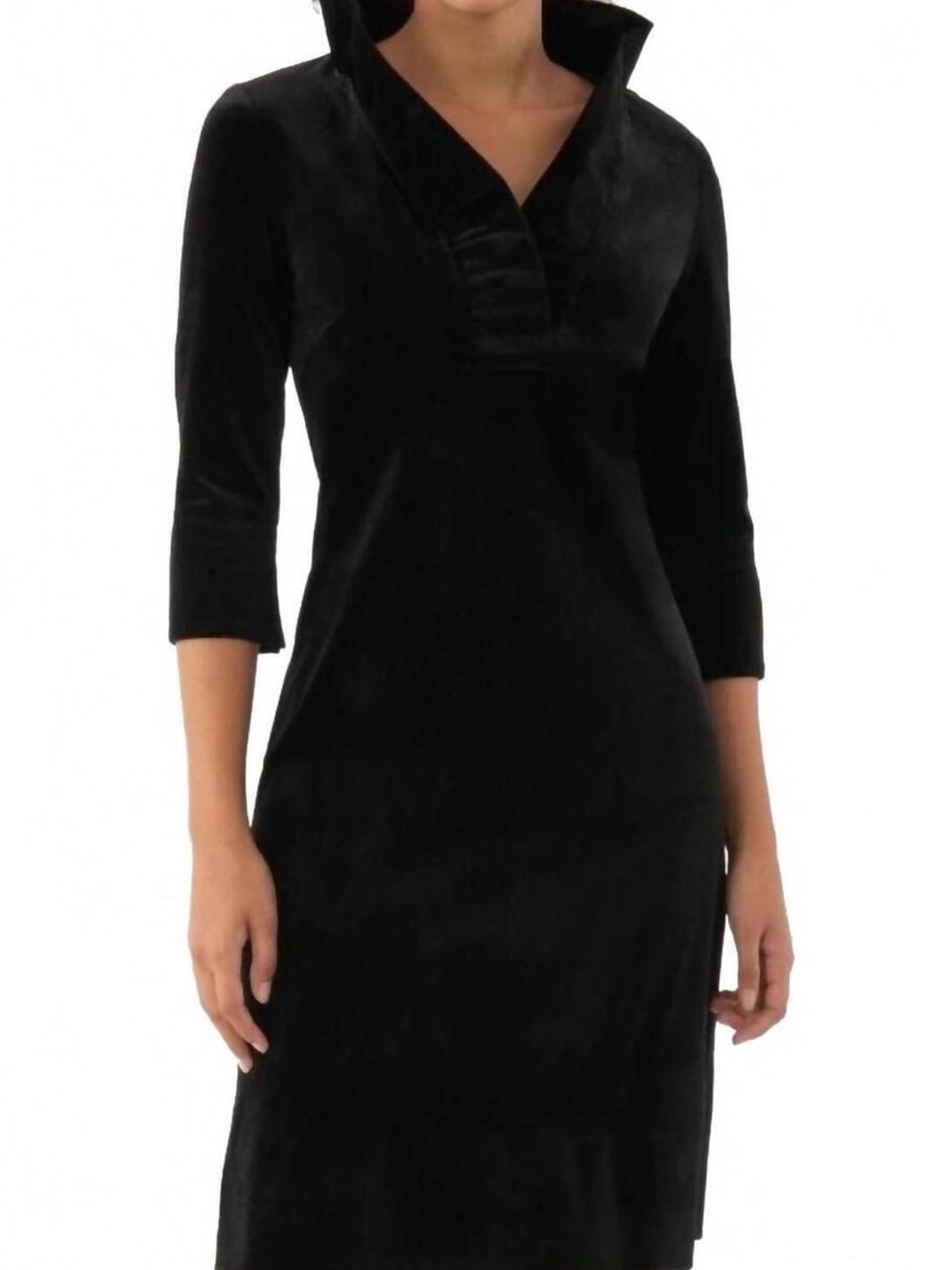 NWT Gretchen Scott Designs Three-Quarter Sleeve Ruffneck black velvet dress.